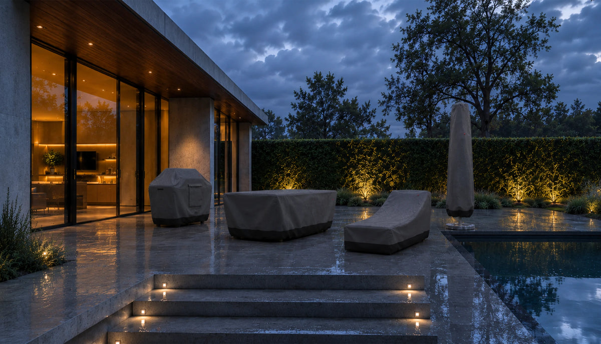 GUARDEN Schutzhüllen für Gartenmöbel, Grill und Sonnenschirm auf einer Terrasse